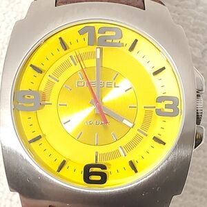 Vintage Diesel Men’s Watch Brown Leather Strap Yellow Dial One Jewel S Steel